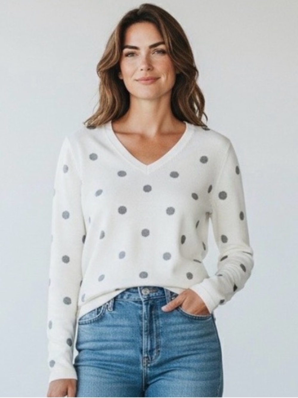 Tommy Hilfiger White V Neck Pullover Sweater Grey Dots Lightweight Sz M